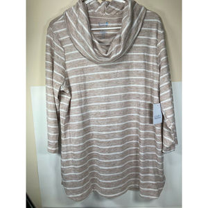 Women's Croft & Barrow 3/4 Sleeve Cowlneck Top Lt Brown/White Stripe Size M NWT
